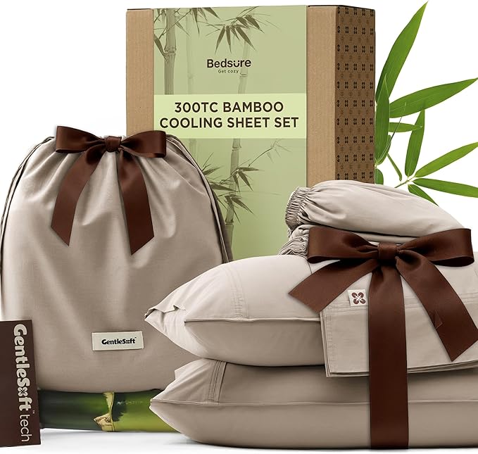 Bedsure Cooling Sheets, Rayon Derived from Bamboo & Cotton Blend, GentleSoft, Breathable, Queen Sheet Set, Deep Pocket Up to 18 Inches, Hotel Luxury Bedding for Hot Sleepers, Simply Taupe