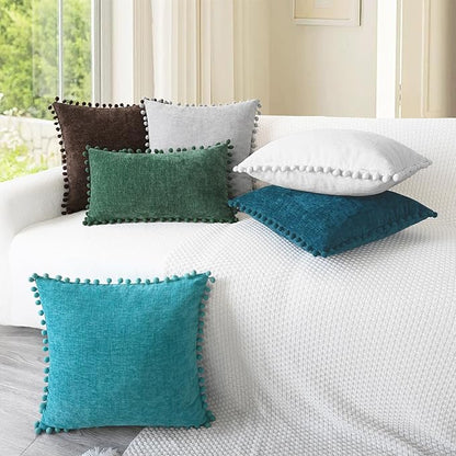 CaliTime Throw Pillow Covers Decorative 20 X 20 Inches Pack of 2 Cozy Solid Dyed Soft Chenille Cushion Cases with Pom Poms for Couch Sofa Bed Living Room Home True White