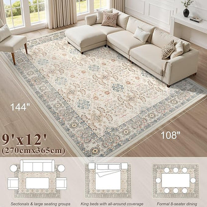 Vintage Living Room Area Rug 9x12 - Large Soft Washable Oriental Traditional Distressed Farmhouse Rugs for Bedroom - Indoor Floor Accent Carpet for Home Office House Decor - Multi