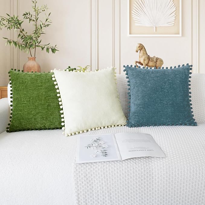 CaliTime Throw Pillow Covers Decorative 18 X 18 Inches Pack of 2 Cozy Solid Dyed Soft Chenille Cushion Cases with Pom Poms for Couch Sofa Bed Living Room Home Cream