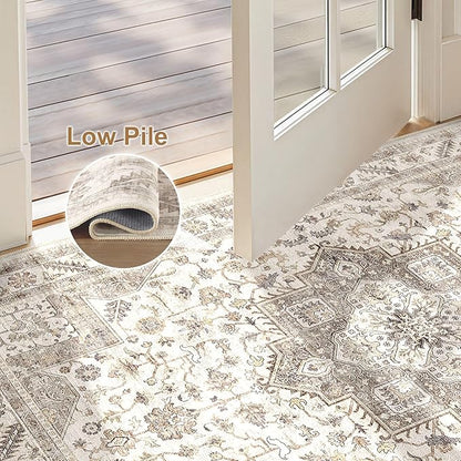 Vintage Living Room Area Rug 3x5 - Large Soft Washable Oriental Traditional Distressed Farmhouse Rugs for Bedroom - Indoor Floor Accent Carpet for Home Office House Decor - Light Brown