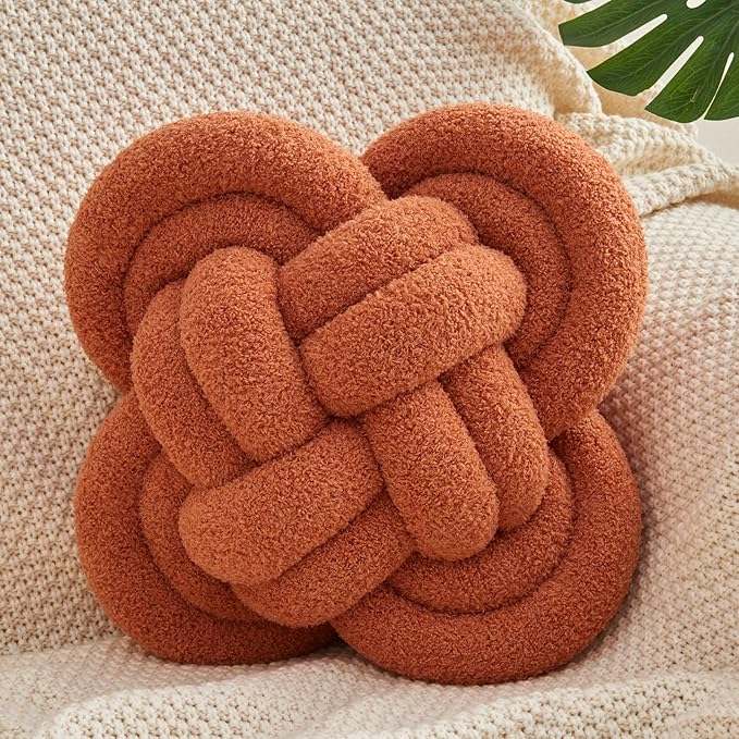 Xiashrk Knot Pillow Ball, 12" Soft Decorative Throw Pillows for Couch Bed, Rust Red Knotted Plush Throw Pillow Handmade Square Cushion Home Couch Decor Pillows for Living Room