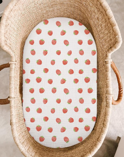 Bassinet Sheet for Baby Boy Girl 2 Pack, Fitted Sheets for Rectangle, Oval, Hourglass Bassinet Mattress, Muslin Moses Basket Sheets (Strawberry & Pale Pink, Bassinet Sheet)