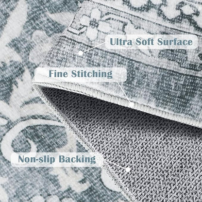 jinchan Runner Rug 2x6 - Machine Washable Grey Vintage Floral Distressed Design Soft Non-Slip Low-Pile Ultra-Thin Runner Rug for Kitchen Hallway Laundry Room Entryway Farmhouse (2‘x6', Grey)