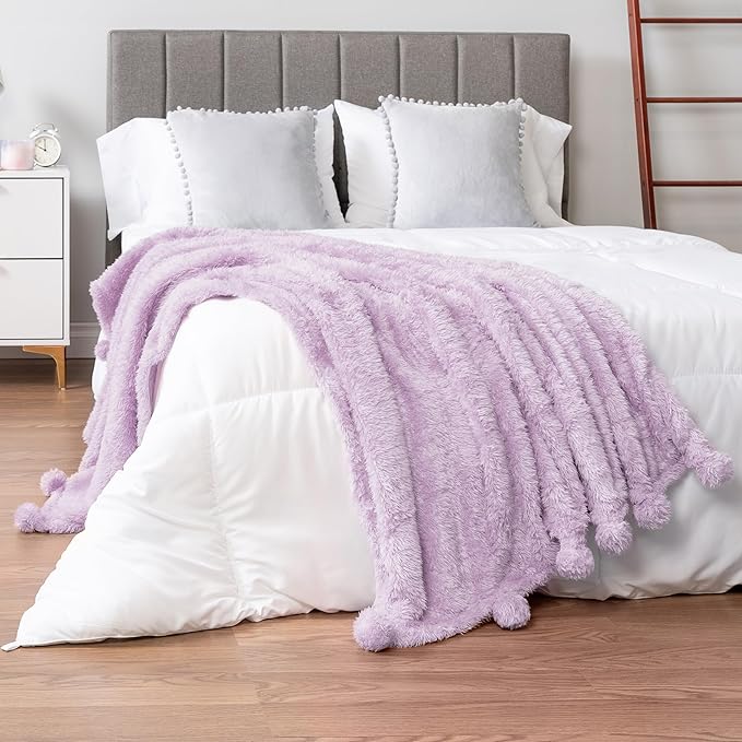 PAVILIA Lavender Sherpa Throw Blanket for Couch, Warm Plush Pom Pom Blanket Throw Twin, Fuzzy Sofa Blanket Throw for Bed, Lightweight Soft Cozy Fluffy Blanket with Pom Poms, Light Purple, 60x80
