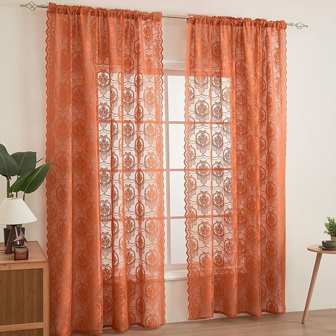 Burnt Orange Lace French Delicacy Curtains 96 Inches Long -Rod Pocket Luxury Vintage Bow Butterfly Sheer Flower Lace Curtains for Living Room Bedroom，52 x 96 Inch, 2 Panels