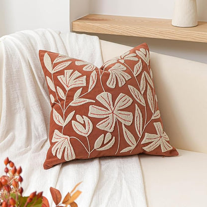 BlissBlush Fall Throw Pillow Cover 20x20, Rust Brick Red Soft Velvet Floral Decorative Accent Throw Pillowcase, Tufted Farmhouse Pillowcase for Couch Sofa Living Room Home Décor