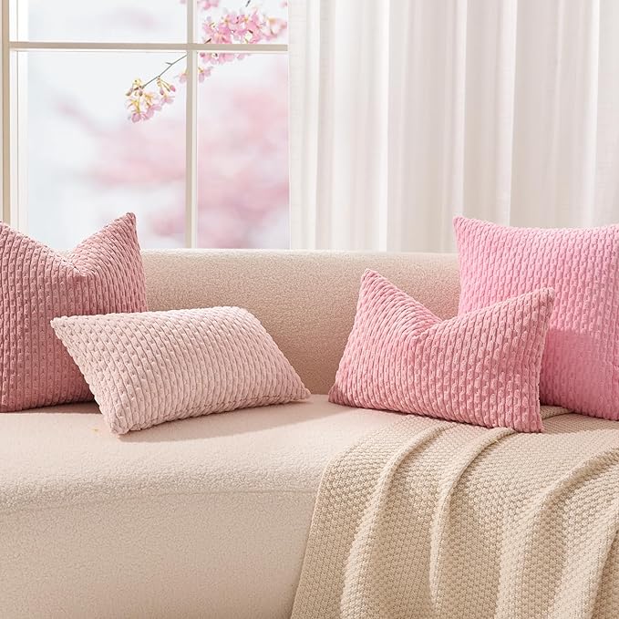 Kevin Textile Valentines Day 12x20 Inch Pillow Cover 1 Pack Boho Decorative Soft Striped Corduroy Lumbar Farmhouse Accent Rectangle Cushion Case for Living Room Couch Sofa Bed, Pink