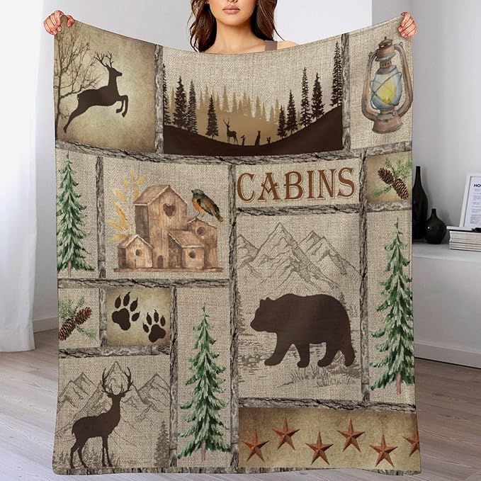 Rustic Cabin Bear Blanket, Lake Country Lodge Bear Deer Forest Farmhouse Camp Print Soft Warm Cozy Lightweight Decorative Blanket for Couch Bed Sofa Travel, 30"x40"