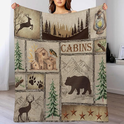 Rustic Cabin Bear Blanket, Lake Country Lodge Bear Deer Forest Farmhouse Camp Print Soft Warm Cozy Lightweight Decorative Blanket for Couch Bed Sofa Travel, 30"x40"