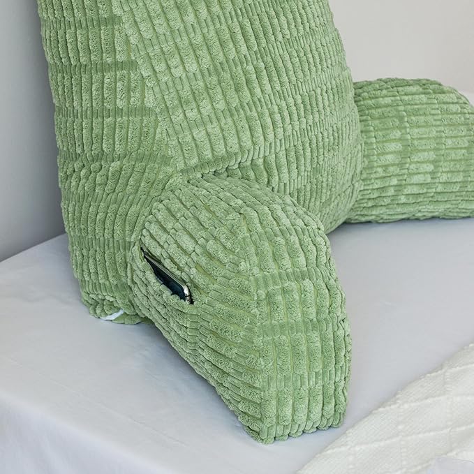 WERDIM Reading Pillow with Detachable Neck Roll, Large Back Pillow for Sitting Up in Bed Couch, Adult Bed Rest Pillow with Arms for Reading/Watching TV/Gaming, Sage