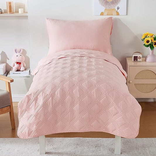 4 Piece Toddler Bedding Set for Girls Pink Geometric Stitched Soft Microfiber Crib Bed Sheets Set Lightweight Quilted Comforter Set for Baby | Include Comforter, Flat Sheet, Fitted Sheet, Pillowcase