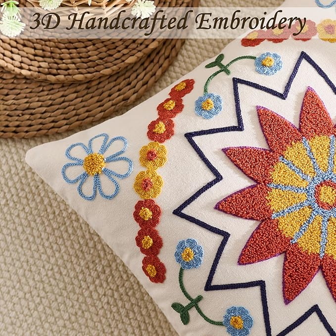 Embroidered Throw Pillow Cover 22x22 Classic Boho Floral Pattern Pillows Cover Outdoor Decorative Pillowcase,Durable Cozy Textured Cushion Case for Sofa Couch Bed Living Room,Orange