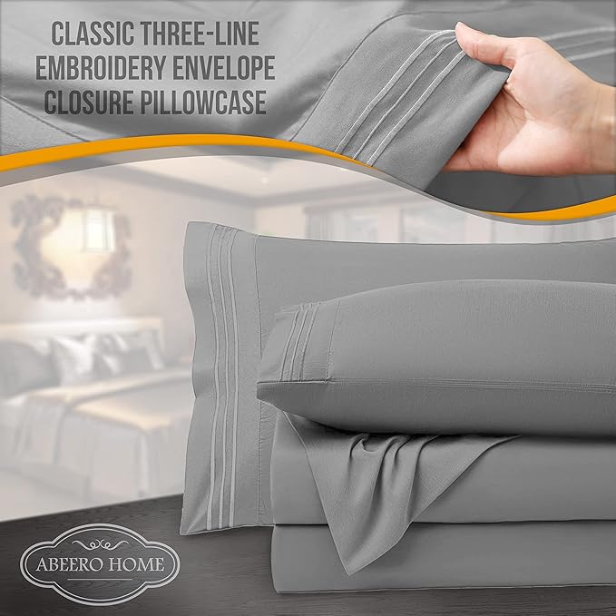 Full Size Bed Sheets Cooling - Luxury Hotel Sheet Set - Soft Sheet with Elastic Corner Strap - Deep Pocket Microfiber Bedsheet - Bedding Sheets & Pillowcases -4 PC (Full Size, Light Gray)