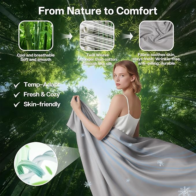 MR&HM King Fitted Sheet Only, Ultra-Soft Rayon Derived from Bamboo & Polyester Blend, Silky & Breathable, 15" Deep Pocket with Elastic Straps, Cooling Fitted Sheet for Hot Sleepers, Silver Grey