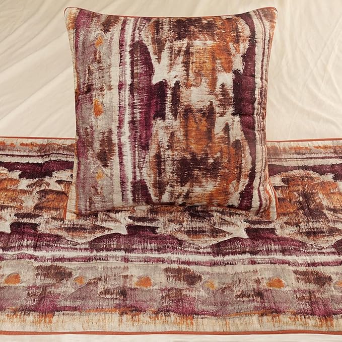 The HomeCentric King Queen Twin Pink & Orange Designer Twin 53"x18" Bed Runner with Pillow Cover, Ikat & Quilted Bed Scarf on Cotton Printed Fabric - Ikat Splash