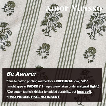 Amor Virisso Floral Throw Pillow Covers 20x20 Set of 2 Block Print Pillow Covers Neutral Floral Striped Farmhouse Decorative Pillow Covers for Sofa Couch Bed, Dusty Green