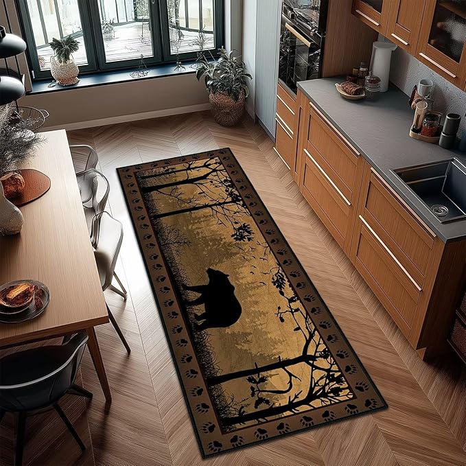 Rustic Cabin Wildlife Runner Rug 2x6,Bear Country,Ultra-Thin Throw Carpet Washable Kitchen Runners Vintage Hallway Rug Entrance Door Mat Non Slip Accent Area Rugs for Entryway,Laundry,Bathroom