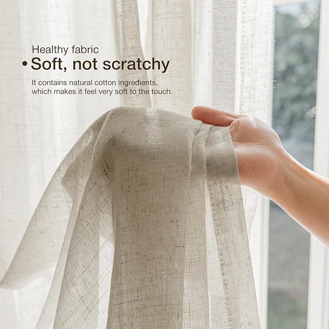 Anmao Natural Linen Curtains for Living Room 84 Inch Length 2 Panels Set, Light Filtering Semi Sheer Window Curtain Drapes for Bedroom with Curtain Rings and Clips, 52 Inch Wide Each Panel, Linen