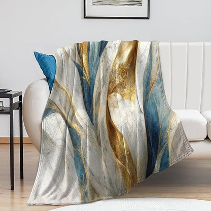 Abstract Marble Blanket, Modern Luxury Baroque Golden Blue White Stone Veins Pattern Soft Warm Cozy Plush Flannel Covers for Livingroom Bedroom Couch Chair Camping Travel Home Decor Tapestry 50x60in