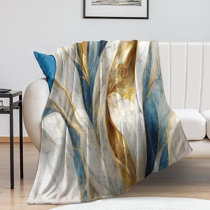Abstract Marble Blanket, Modern Luxury Baroque Golden Blue White Stone Veins Pattern Soft Warm Cozy Plush Flannel Covers for Livingroom Bedroom Couch Chair Camping Travel Home Decor Tapestry 30x40in
