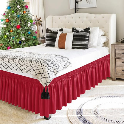 Biscaynebay Wrap Around Bed Skirts for Twin & Twin XL Beds 15" Drop, Red Adjustable Elastic Dust Ruffles Easy Fit Wrinkle & Fade Resistant Silky Luxurious Fabric Machine Washable