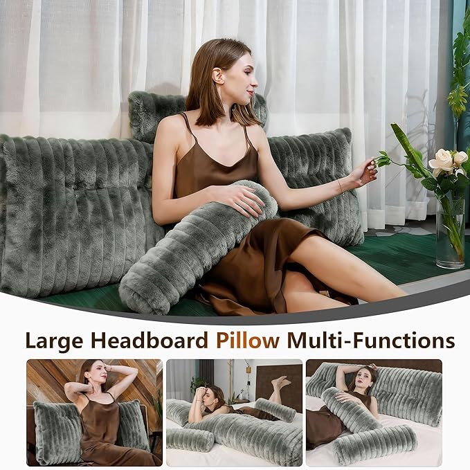 Faux Fur Headboard Pillow Queen Size, Triangular Wedge Backrest with Removable Head Roll & Side Pocket, 100% Linen Reading Pillow for Bed, Couch, Floor - Ergonomic Support for Neck, Back, Dark Grey