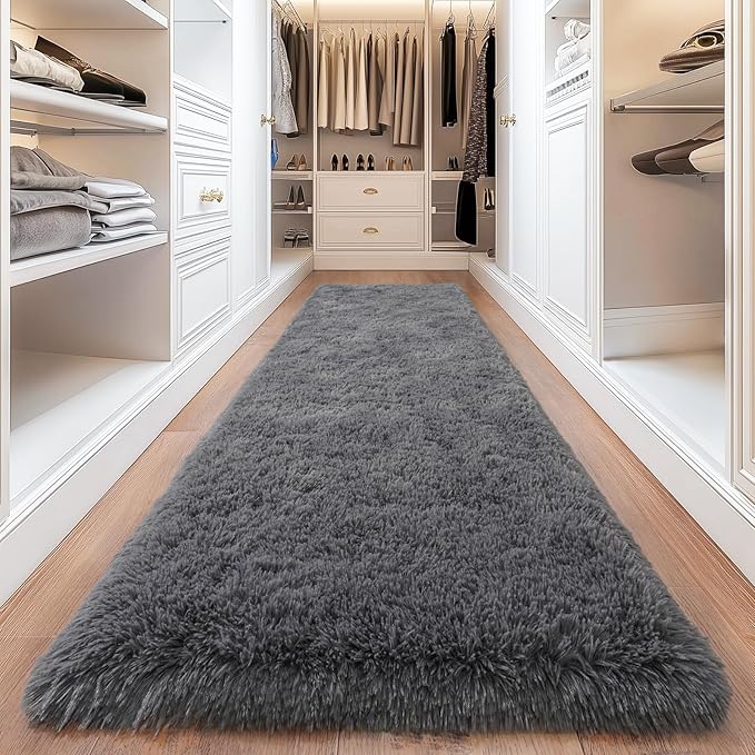 Deep Grey Runner Rug for Hallway, Bedroom Bedside Plush Rugs, Non Slip Fluffy Shaggy Carpet for Kids Home Decor, Dorm Nursery 2x6 Ft