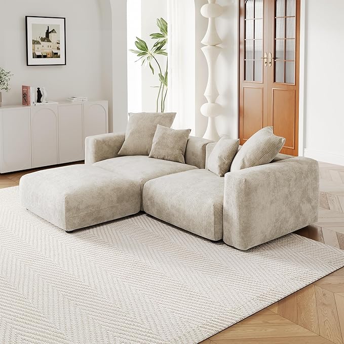 JACH Corduroy Modular Sectional Couch, Oversized Sectional Sofa with Chaise Ottoman, Cushion Covers Removable, Modern Deep 2-Seat Couches for Living Room, Office (Beige)