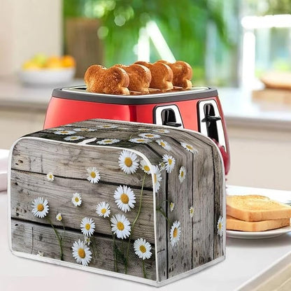 Old Wooden Daisy Printed Appliance Cover - Universal 4 Slice Bread Maker & Toaster Dustproof, Washable