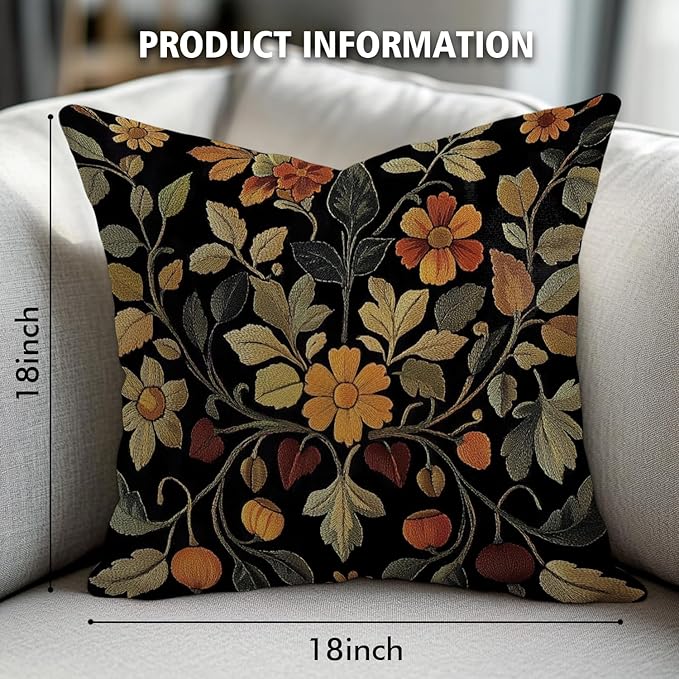 William Morris Abstract Vintage Print Floral Velvet Design Throw Pillow Covers Home Decor, Retro Art Deco Pillowcase Cushion Cover for Bed Sofa Living Room, Square 18x18inch (Black-Floral2)