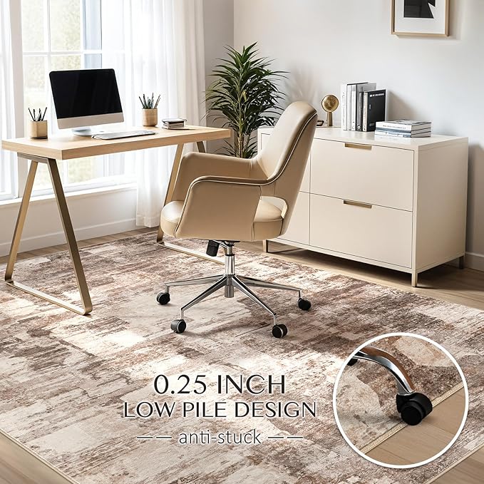 Abstract Living Room Rug 8x10 - Modern Washable Soft Thin Area Rug for Living Room Bedroom Under Dining Table - Neutral Indoor Floor Rug Carpets for Home Office Playroom Nursery - Brown