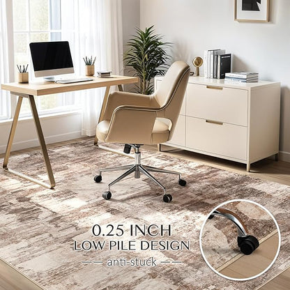 Abstract Living Room Rug 8x10 - Modern Washable Soft Thin Area Rug for Living Room Bedroom Under Dining Table - Neutral Indoor Floor Rug Carpets for Home Office Playroom Nursery - Brown