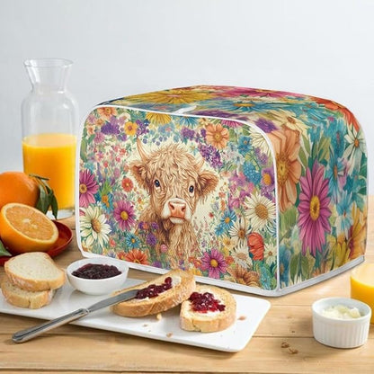 ZFRXIGN Flower Highland Cow Toaster Covers 4 Slice Toaster Dust Cover Hippie Toaster Bag Kitchen Appliance Covers Toaster Oven Dustproof Cover Washable Western Cattle Toaster Cover