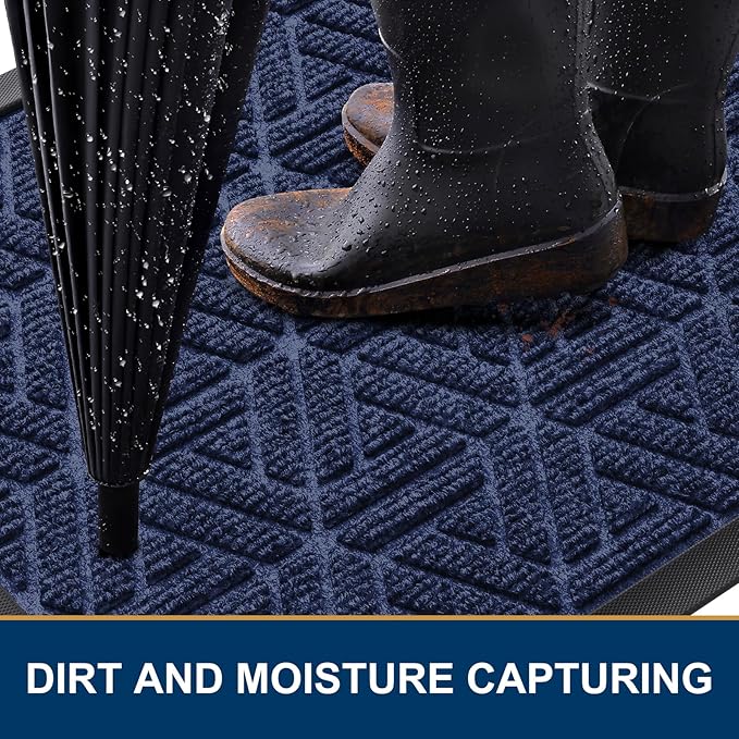 Smiry Front Door Mat Outside Entrance, Heavy Duty Sturdy Natural Rubber Doormat, Trap Dirt and Moisture, Easy Clean Low Profile Mats for Indoor Outdoor Entry, Grid Geometric (59x35, Navy Blue)