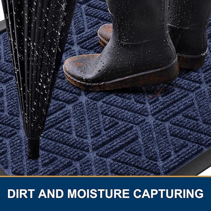 Smiry Front Door Mat Outside Entrance, Heavy Duty Sturdy Natural Rubber Doormat, Trap Dirt and Moisture, Easy Clean Low Profile Mats for Indoor Outdoor Entry, Grid Geometric (71x24, Navy Blue)