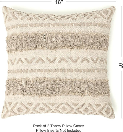 REDEARTH Handmade Boho Throw Pillow Covers - Bohemian Chic Farmhouse Style - Accent Woven Indoor and Outdoor Pillow Cushion Cases for Couch - Bed - Chair - Sofa - Benches – Set of 2-18"x18" - Taupe
