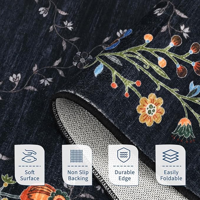 GarveeHome 8x10 Washable Floral Area Rugs for Living Room: Modern Floral Non Slip Large Area Rugs for Bedroom, Large Machine Washable Living Room Low Pile Carpet with Non-Slip Backing Black 8'x10'.