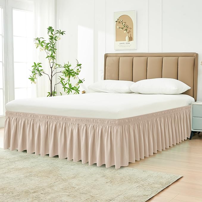 Biscaynebay Wrap Around Bed Skirts with Adjustable Belts for Full & Full XL Beds 15" Drop, Sand Elastic Dust Ruffles Easy Fit Wrinkle & Fade Resistant Silky Luxurious Fabric Machine Washable
