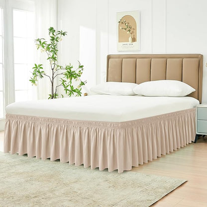 Biscaynebay Wrap Around Bed Skirts for Queen Beds 19" Long Drop, Sand Adjustable Elastic Dust Ruffles Easy Fit Wrinkle Resistant Silky Luxurious Fabric Machine Washable