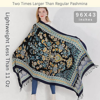 DANA XU 100% Merino Wool Pashmina Shawl for Women 96"x43", Oversized Cashmere Wrap with Tassels, Floral Travel Blanket Cape