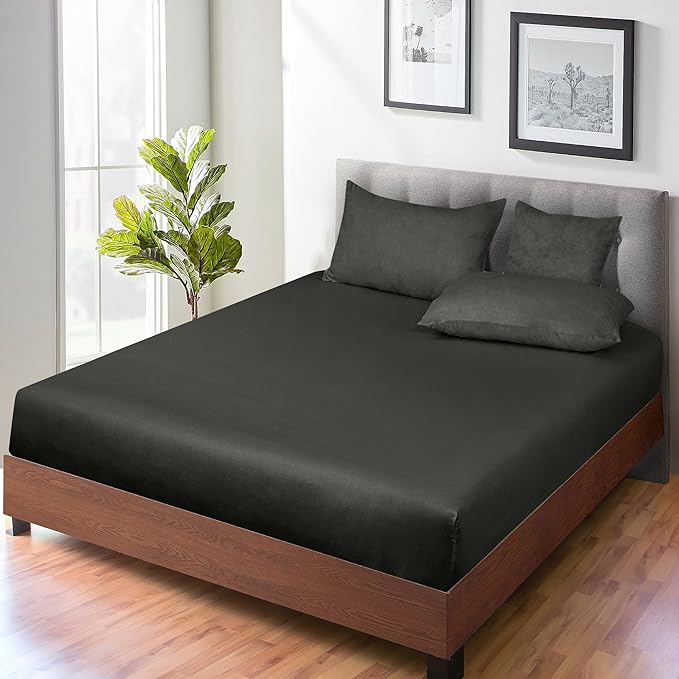 ROYALE LINENS 300 Thread Count 100% Long Staple Combed Cotton Fitted Sheet Twin XL - Super Soft Deep Pocket Bottom Sheet - Fitted Sheets Only - Elastic Sheets (Twin XL, Black)