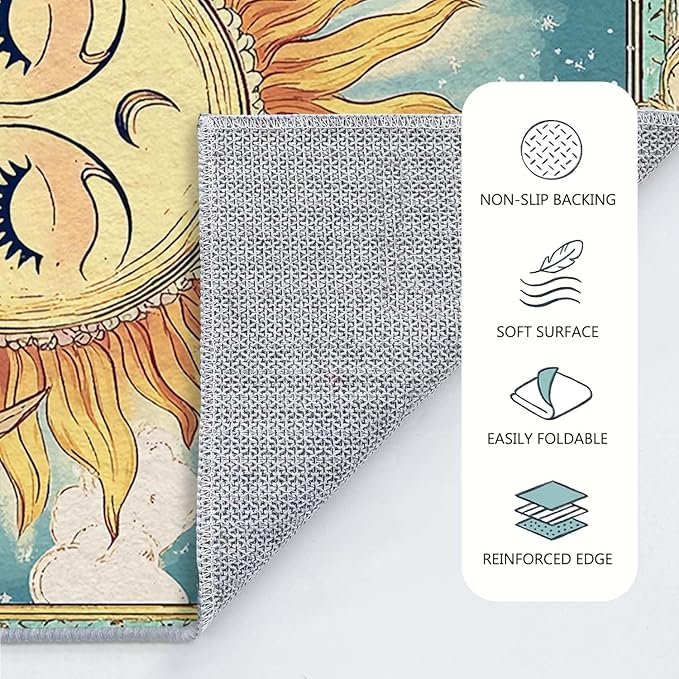 2x3 Sun and Moon Entryway Area Rug Blue Yellow Hippie Celestial Bathroom Rug Non-Slip Machine Washable Low Pile Small Carpet Kitchen Bedroom Door Mat Entrance