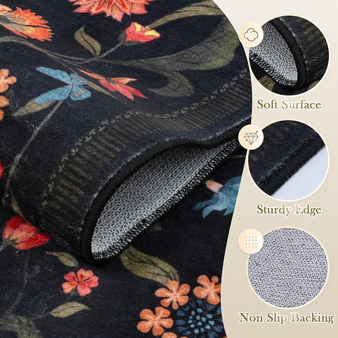 LIVEBOX Black Runners for Hallway - Boho Floral 2'6"x8 Washable Runner Rug, Non-Slip Kitchen Runner Rug, Soft Low-Pile Non-Shedding Carpet Runners for Hallway Entryway Bedroom Bathroom Farmhouse
