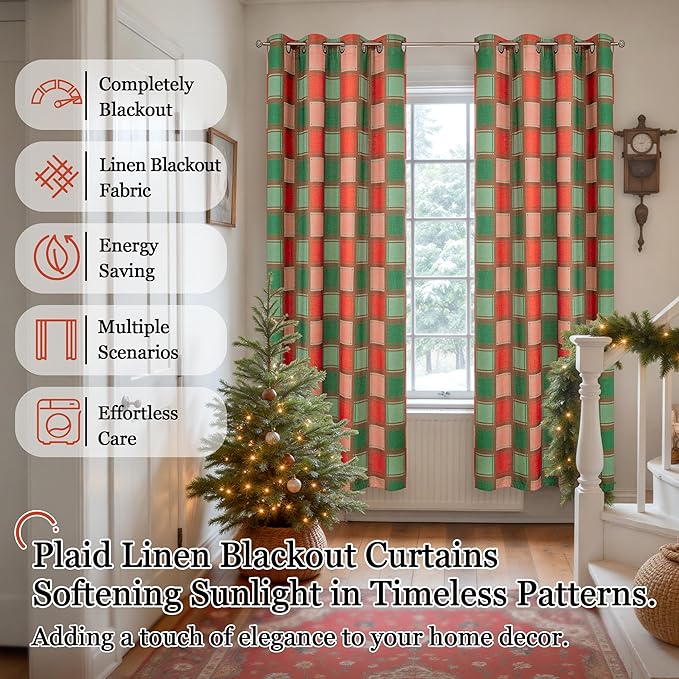 Christmas Curtains for Living Room - Plaid Linen Blackout Curtains Checkered Patterned, Thermal Insulated Gingham Striped Window Drapes for Bedroom Winter 52x72 Inch 2 Panels, Red Green