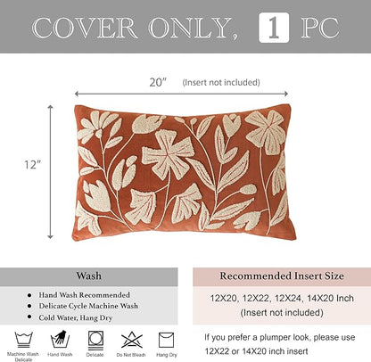 BlissBlush Fall Throw Pillow Cover 12x20, Rust Brick Red Soft Velvet Floral Decorative Lumbar Accent Throw Pillowcase,Textured Farmhouse Pillowcase for Couch Sofa Living Room Home Décor