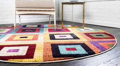 Unique Loom Estrella Collection Colorful, Geometric, Squares Modern, Abstract Area Rug (8' 0 x 8' 0 Round, Multi/Beige)