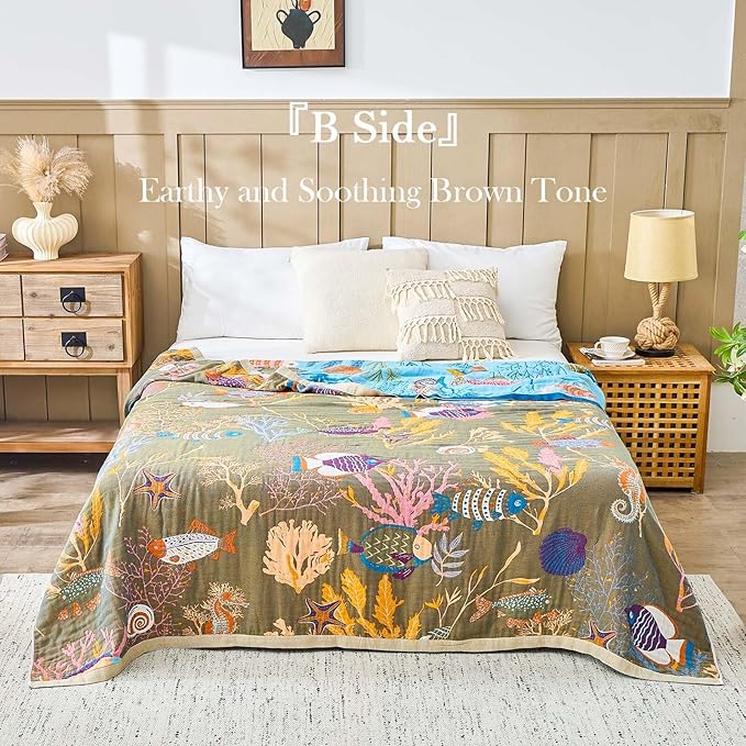 Blue Boho Blanket, 50"x60" Soft Farmhouse Decorative Throw Blanket, 100% Cotton Reversible Vintage Muslin Quilt Bohemian Decor Woven Blanket All Season Blankets for Sofa Couch Chair