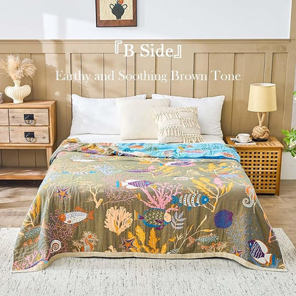 Blue Boho Blanket, 50"x60" Soft Farmhouse Decorative Throw Blanket, 100% Cotton Reversible Vintage Muslin Quilt Bohemian Decor Woven Blanket All Season Blankets for Sofa Couch Chair