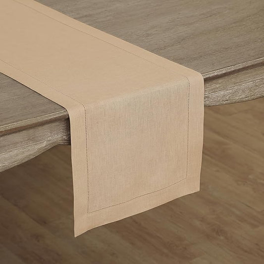 Solino Home Linen Hemstitch Table Runner 48 Inches - 100% Pure Linen Beige Table Runner 14 x 48 Inch Ideal for Dresser and Coffee Tables - Christmas, New Year - Classic Hemstitch